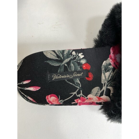 VICTORIA' SECRET Satin Black/Red Floral Bedroom Slippers SizeL 9-10 Faux FurTrim - Picture 4 of 7